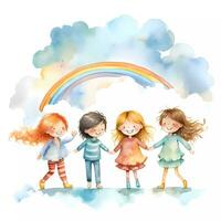 einstellen von glücklich Kinder spielen zusammen unter Regenbogen. glücklich Kinder- Tag. Freundschaft Thema. Aquarell Stil foto