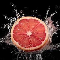 frisch Grapefruit im Wasser Spritzen auf schwarz Hintergrund. saftig Frucht. generativ ai foto