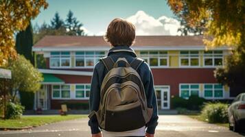 Schüler mit ein Rucksack geht zu Schule zurück Aussicht generativ ai foto