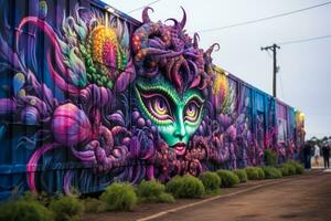 violett Graffiti Mädchen mit Cannabis Blatt Haar, Straße Marihuana Kunst generativ ai foto