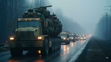 Säule von Militär- Ausrüstung, Militär- Fahrzeuge auf das Straße generativ ai foto