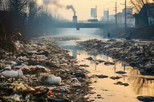 indisch Fluss verschmutzt mit Müll und Abfall generativ ai foto