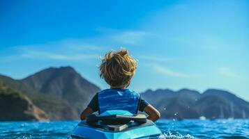 Kind im ein Kajak beim Meer generativ ai foto