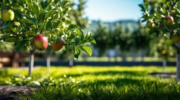 Zwerg säulenförmig Grün Apfel Bäume im das Garten generativ ai foto