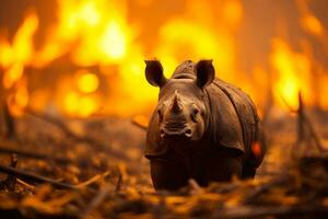 Nashorn entkommt von das lodernd Feuer von das Reservieren generativ ai foto