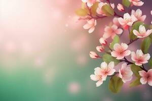 Kirsche blühen Geäst auf verschwommen Hintergrund .Rosa Sakura Blumen, verträumt romantisch Bild von Frühling, Landschaft Panorama, Kopieren Raum. ai generativ foto