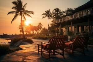 Hotel durch das Meer mit Palme Bäume generativ ai foto