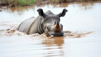 Nashorn Bewässerung Platz nach das Regen Tierwelt generativ ai foto