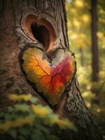 Herbst rot Blätter im das gestalten von ein Herz Nächster zu ein Baum foto