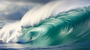 Surfer schneidet ein enorm Welle auf das Planke, Blau Wasser Tunnel generativ ai foto