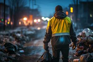 Arbeiter Sammeln Müll von städtisch kommunale sind Sammeln zum Müll Entfernung, Aussicht zurück. ai generativ foto