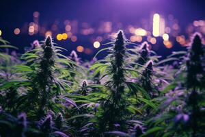 Nacht Plantage Cannabis Knospen auf glühend Bokeh Hintergrund generativ ai foto