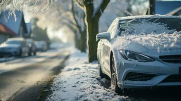 schneebedeckt Straße und Auto im Raureif generativ ai foto