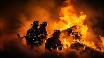 Feuerwehrleute stellen aus ein stark Flamme generativ ai foto