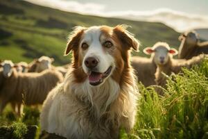 Hund suchen nach Schaf im das Wiese generativ ai foto