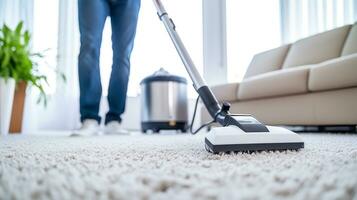 Zuhause Reinigung Teppich von Staub mit ein Vakuum Reiniger generativ ai foto