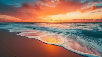schön Meer Abend Sonnenuntergang saftig Orange Sonne und Surfen Wellen generativ ai foto