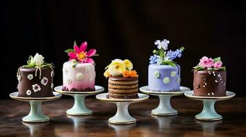 Miniatur Schokolade Kuchen, dekoriert mit essbar Blumen. generativ ai foto