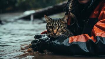 Rettungsschwimmer spart ein Kätzchen von das Wasser während das Flut generativ ai foto