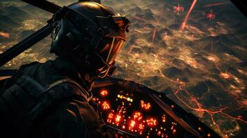 Pilot Überschall- Flugzeug Streiks Militär- Ziele generativ ai foto