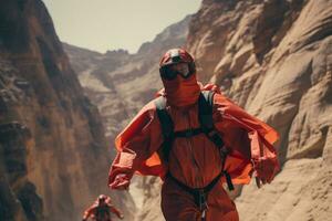 Mann im ein rot Wingsuit generativ ai foto