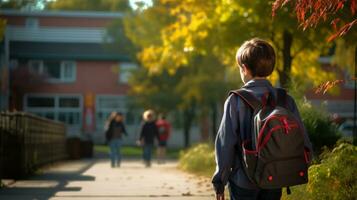 Schüler mit ein Rucksack geht zu Schule zurück Aussicht generativ ai foto