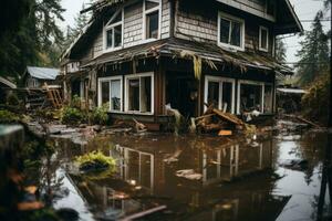 verlassen und überflutet Häuser nach das Tsunami Flut generativ ai foto