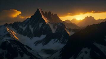 schön Sonnenuntergang im das Berge. Panorama von das Berge ai generativ foto