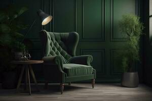 zeitgenössisch Leben Zimmer mit ein stilvoll Grün Sessel auf dunkel Grün Wand, , ai generiert foto