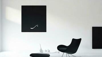 minimalistisch Leben Zimmer Innere mit Weiß Wände, Beton Boden, schwarz Sofa und runden Kaffee Tisch. 3d Rendern spotten oben ai generativ foto