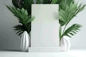 leeren Weiß Anzeige Stand mit tropisch Laub auf neutral Hintergrund, ai generiert foto