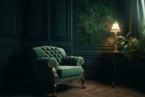 Luxus Leben Zimmer dunkel Grün Mauer Hintergrund mit ein gemütlich Grün Sessel im Leben Zimmer, ai generiert foto