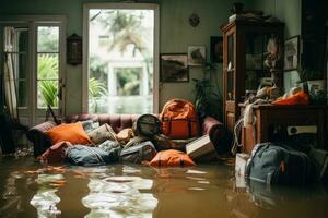 überflutet Zimmer im das Haus mit Dinge, Tsunami ruiniert Menschen Eigentum generativ ai foto