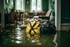 überflutet Zimmer im das Haus mit Dinge, Tsunami ruiniert Menschen Eigentum generativ ai foto