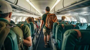 Reisender im das Kabine von ein Passagier Ebene, Einsteigen ein Flugzeug generativ ai foto