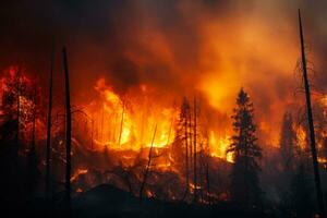 Feuer Sicherheit im das Wald, Orange Flammen verschlungen das Bäume generativ ai foto