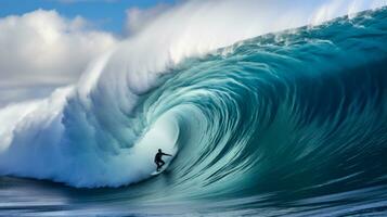 Surfer schneidet ein enorm Welle auf das Planke, Blau Wasser Tunnel generativ ai foto