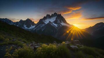 schön Sonnenuntergang im das Berge. Panorama von das Berge ai generativ foto