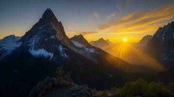 schön Sonnenuntergang im das Berge. Panorama von das Berge ai generativ foto