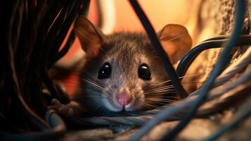 komisch Maus verheddert im elektrisch Drähte generativ ai foto