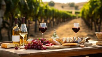 festlich Tabelle mit lecker Wein und Vorspeisen auf Französisch Traube Plantagen generativ ai foto