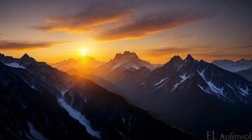 schön Sonnenuntergang im das Berge. Panorama von das Berge ai generativ foto