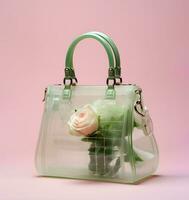 modisch Damen Tasche gemacht von transparent Plastik, Blühen Rosa Rose innen. Frühling Sommer- Mode Trend foto