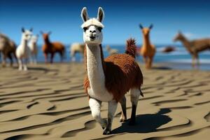 Lama auf das Strand mit Palme Bäume. ai generativ foto