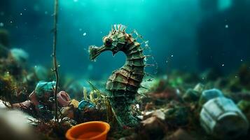 Abfall im das Ozean, Plastik Abfall zum Welt Ozean Tag. generativ ai. foto