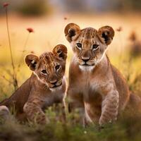 Löwe Jungen mit Mutter im Massai mara National Park. ai generativ foto