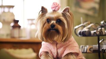 Yorkshire Terrier im Rosa Kleider mit ein Bogen auf ihr Kopf. ai generativ foto