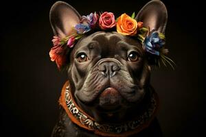 Hund mit Blumen Porträt von Stier arabisch Hund mit Blume Krone. ai generativ foto