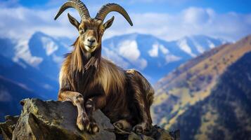 Berg Ziege auf ein Felsen im das Berge Steinbock Ziege entspannend ai generativ foto