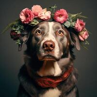 Hund mit Blumen Porträt von Stier arabisch Hund mit Blume Krone. ai generativ foto